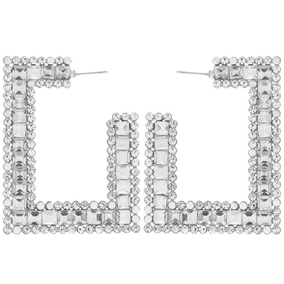 SILVER RECTANGLE EARRINGS CLEAR STONES ( 11986 RCL )