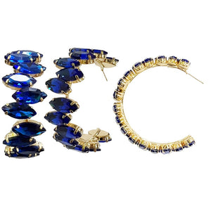 GOLD HOOP EARRINGS ROYAL BLUE STONES ( 12056 GRY )