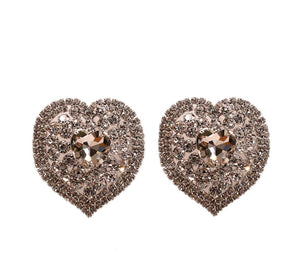 1.75" LARGE SILVER HEART STUD EARRINGS WITH CLEAR STONES