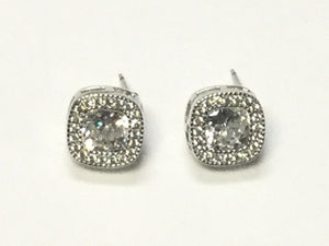 1/2" ROUNDED SQUARE HALO SILVER CLEAR CZ CUBIC ZIRCONIA STUD EARRINGS ( 344 SCL )