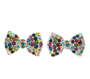 3/4" Silver Multi Color Rhinestone Bow Tie Stud Earrings ( 1285 )