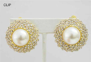 Large Cream Pearl and Clear Rhinestone Round Clip On Earrings in Gold Setting ( 5506 )