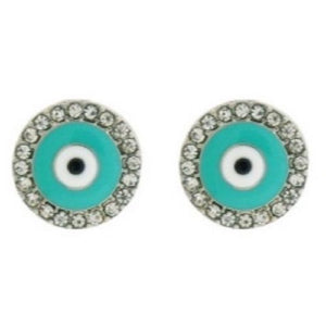 1/2" Silver Crystal and Turquoise Enamel Evil Eye Stud Earrings ( 6733 )