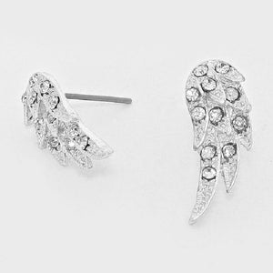 3/4" Silver Clear Rhinestone Angel Wings Stud Earrings ( 727 )