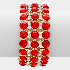 Red and Clear Rhinestone Stretch Bracelet with Gold Accents