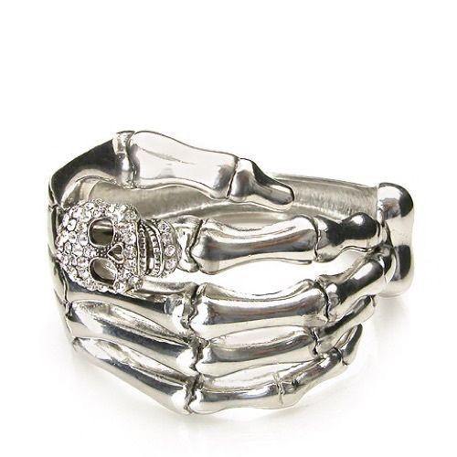 Silver Skeleton Hand with Rhinestone Skull ( 6282 ) - Ohmyjewelry.com