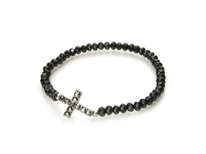 BLACK STRETCH BRACELET SILVER CROSS CLEAR STONES ( 6587 3CL )