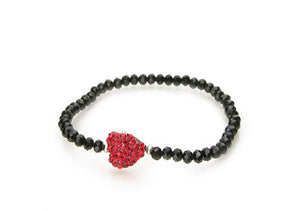 RED RHINESTONE HEART ON BLACK CRYSTAL BEADED STRETCH BRACELET ( 6599 )