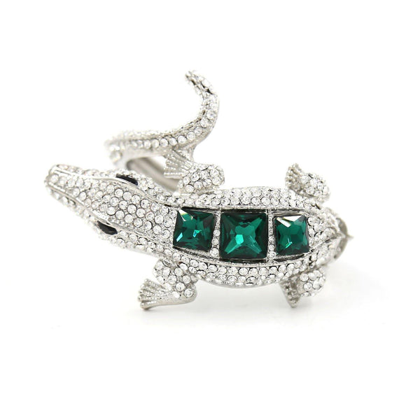 Silver Alligator Hinged Bangle with Clear GREEN Rhinestones ( 8176 ) - Ohmyjewelry.com