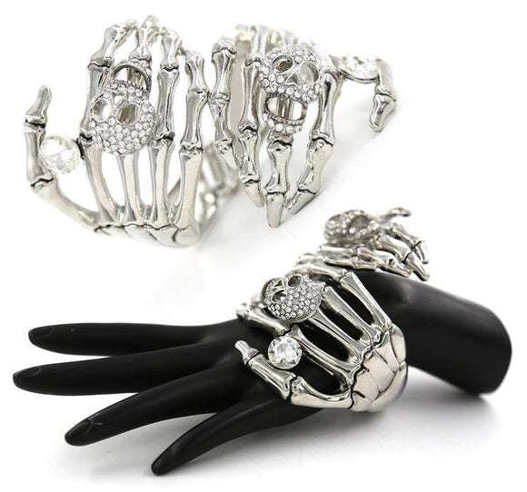 Silver Clear Rhinestone Skull and Bones Hand Hinge Bangle Bracelet ( 8771 ) - Ohmyjewelry.com