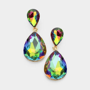 1 3/4" Green AB Double Glass Teardrop Earrings with Gold Accents ( 1611 ) - Ohmyjewelry.com