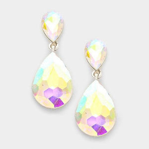 1 3/4" AB Double Glass Teardrop Earrings with Silver Accents ( 1152 ) - Ohmyjewelry.com