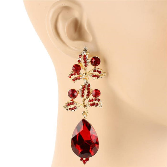Gold Red Teardrop Leaf Design Chandelier Earrings ( 1153 )