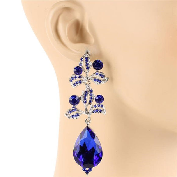 Silver Royal Blue Teardrop Leaf Design Chandelier Earrings ( 1153 )