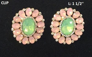 1.5" Pink and Green Oval Clip On Earrings ( 23008 ) - Ohmyjewelry.com