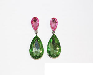 Silver PINK GREEN Double Glass Teardrop Earrings ( 1152 )