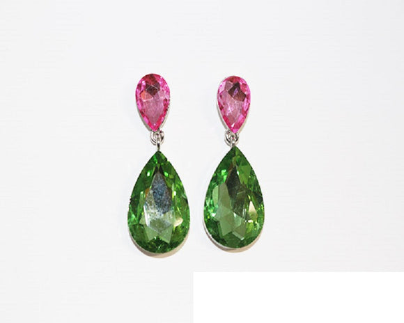 Silver PINK GREEN Double Glass Teardrop Earrings ( 1152 )