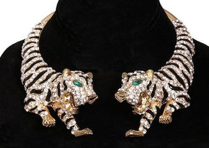 Gold and Black Enamel Tiger Statement Necklace with Clear Rhinestones ( 14004 2CL ) - Ohmyjewelry.com