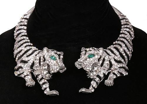 Silver and Black Enamel Tiger Statement Necklace with Clear Rhinestones ( 14004 3CL ) - Ohmyjewelry.com