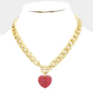 Gold RED Rhinestone Heart Charm Toggle Necklace ( 1442 GDRED )
