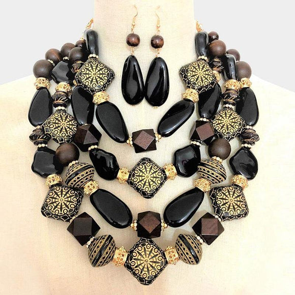 CHUNKY LAYERED BLACK AND GOLD WOODEN FASHION NECKLACE SET ( 3341 ) - Ohmyjewelry.com