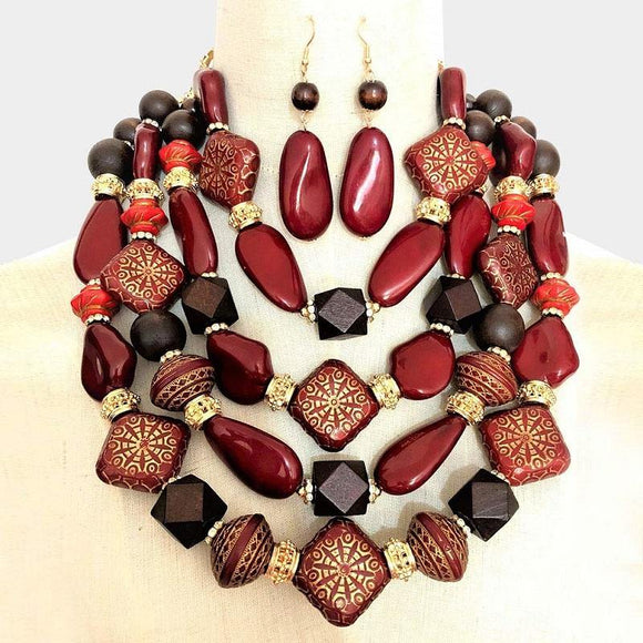 CHUNKY LAYERED RED AND GOLD WOODEN FASHION NECKLACE SET ( 3341 ) - Ohmyjewelry.com