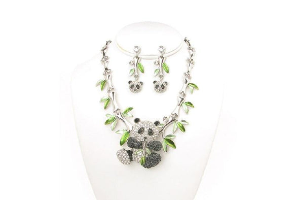 Silver Bamboo and Rhinestone Panda Bear Necklace with Matching Earrings ( 12175 3BW ) - Ohmyjewelry.com
