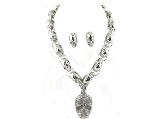 Silver Clear Rhinestone Skull Statement Necklace ( 12924 )