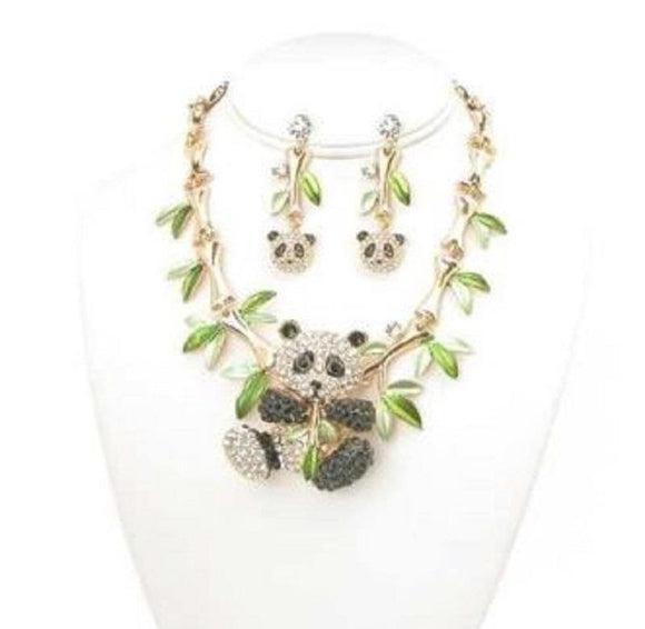 Gold Bamboo and Rhinestone Panda Bear Necklace with Matching Earrings ( 12175 2BW ) - Ohmyjewelry.com