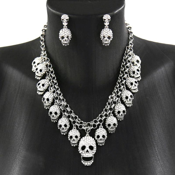 Silver Clear Rhinestone Dangling Skull Statement Necklace with Matching Earrings ( 14861 ) - Ohmyjewelry.com