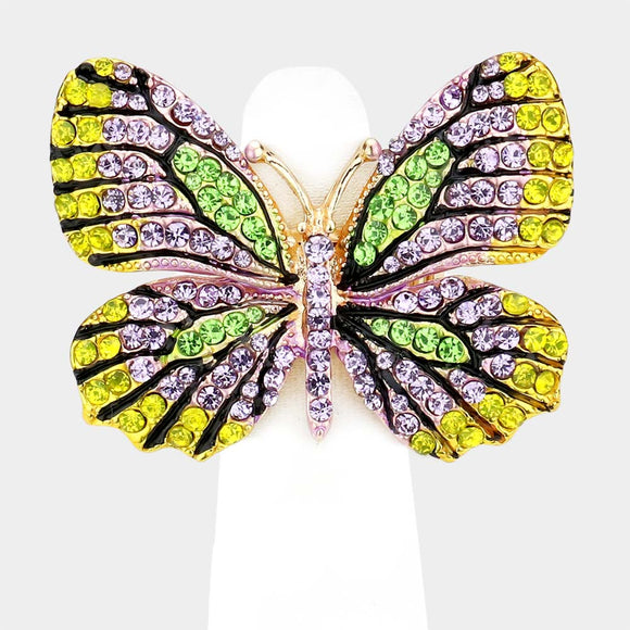 GOLD BUTTERFLY STRETCH RING PURPLE YELLOW STONES ( 1300 GPUR )