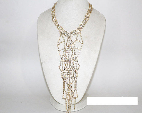 LONG GOLD NECKLACE SET CLEAR STONES