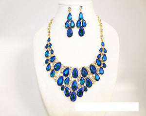 GOLD NECKLACE SET BLUE CLEAR STONES ( 1017 GBLAB )