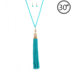 30" Teal Blue Beaded Tassel Necklace ( 1936 )