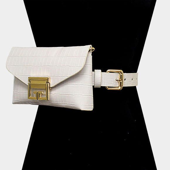 WHITE FAUX ALLIGATOR BELT BAG WITH GOLD ACCENTS ( 2698 WT )