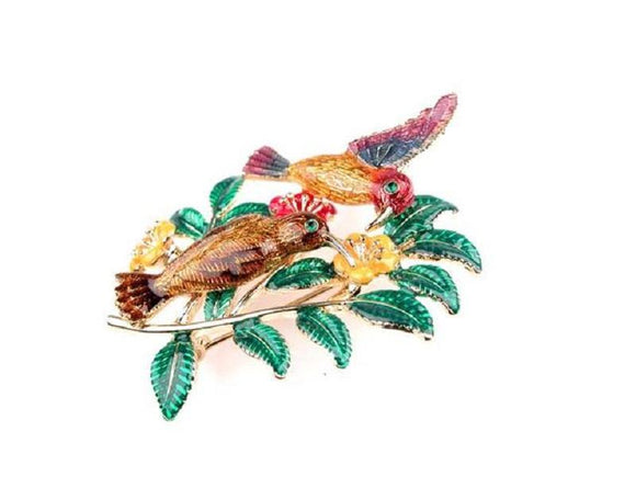 GOLD BROOCH BIRDS TREE MULTI COLOR ( 8435 ) - Ohmyjewelry.com