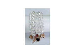 GOLD WHITE STRETCH BRACELET GOLD CHARMS ( 8100 GD PEARL )