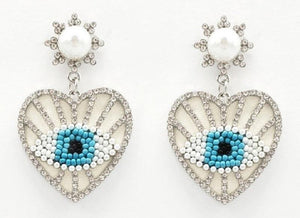 2.25" SILVER RHINESTONE AND WHITE EVIL EYE DANGLE HEART EARRINGS ( 2191 ) - Ohmyjewelry.com
