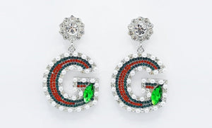 SILVER DANGLING G EARRINGS CLEAR RED GREEN STONES WHITE PEARLS ( 2381 RH )