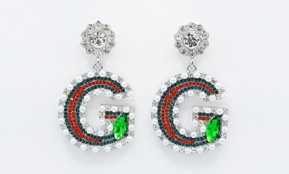 SILVER DANGLING G EARRINGS CLEAR RED GREEN STONES WHITE PEARLS ( 2381 RH )