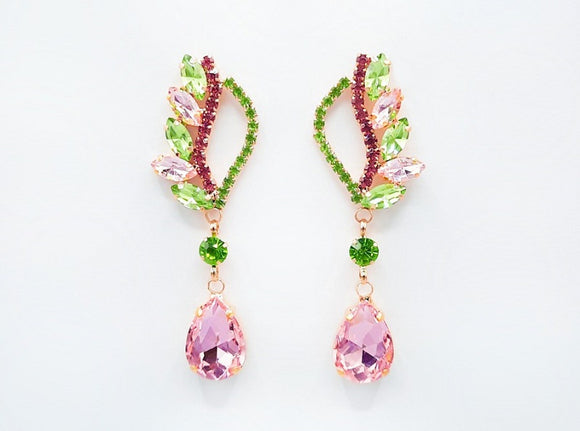 GOLD EARRINGS PINK GREEN STONES ( 2449 GD )