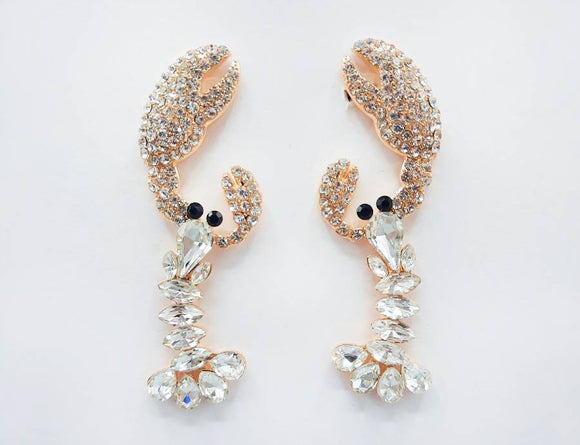 GOLD LOBSTER EARRINGS CLEAR STONES ( 2476 GDCRY )