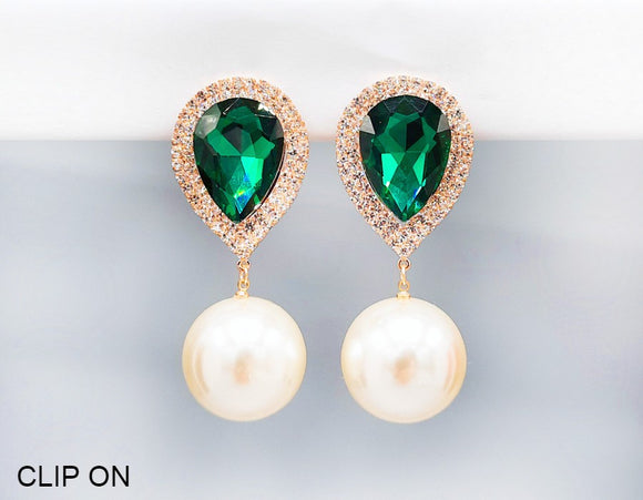 GOLD CLIP ON EARRINGS CLEAR GREEN STONES CREAM PEARLS ( 2506 GDEM )