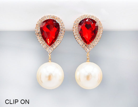 GOLD CLIP ON EARRINGS RED CLEAR STONES CREAM PEARLS ( 2506 GDRD )