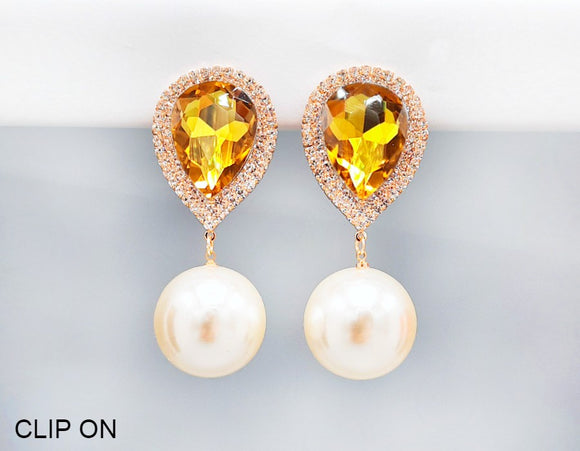 GOLD CLIP ON EARRINGS CLEAR YELLOW STONES CREAM PEARLS ( 2506 GDYEL )