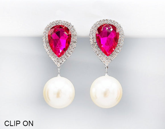 SILVER CLIP ON EARRINGS CLEAR FUCHSIA STONES WHITE PEARLS ( 2506 RHFUC )