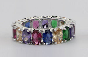 Silver Rhodium Plated Multi Color Oval Cubic Zirconia CZ Full Band Ring ( 1000 )