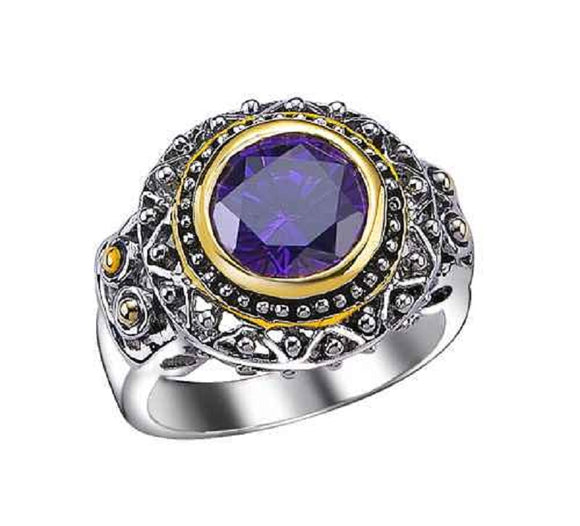 SILVER GOLD RING PURPLE STONE SIZE 9  ( 647 SIZE 9 )