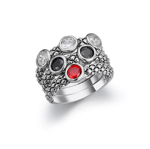 SILVER 3 RING SET RED BLACK CLEAR STONES SIZE 7 ( 859 SIZE 7 )