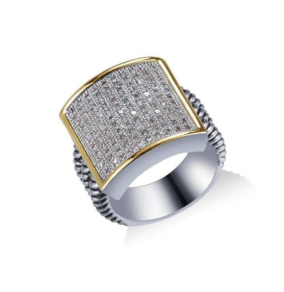 Two Tone and Crystal Square Rhodium Plated Ring SIZE 10 ( 984 ) - Ohmyjewelry.com